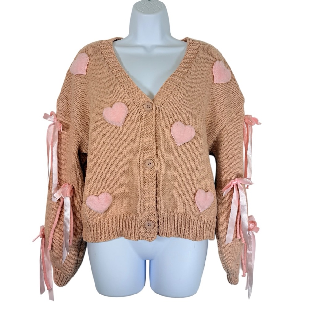 Threaded Leaf Heart Cardigan SzM Pink Bow Sleeve Coquette Cottagecore Sweater